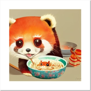 Kawaii Red Panda Eating Ramen Posters and Art